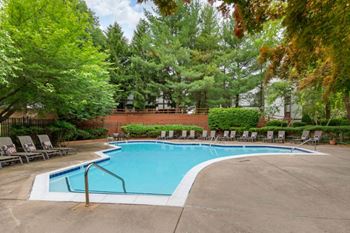 Swimming Pool and Sun Deck with Lounge Chairs with Trees and Building Exteriors in the Background